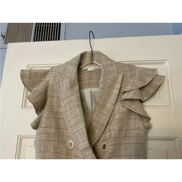 $595 Veronica Beard Janae Plaid Ruffle Blazer Jacket Button Up Khaki Multi Sz 00 - Picture 11 of 14